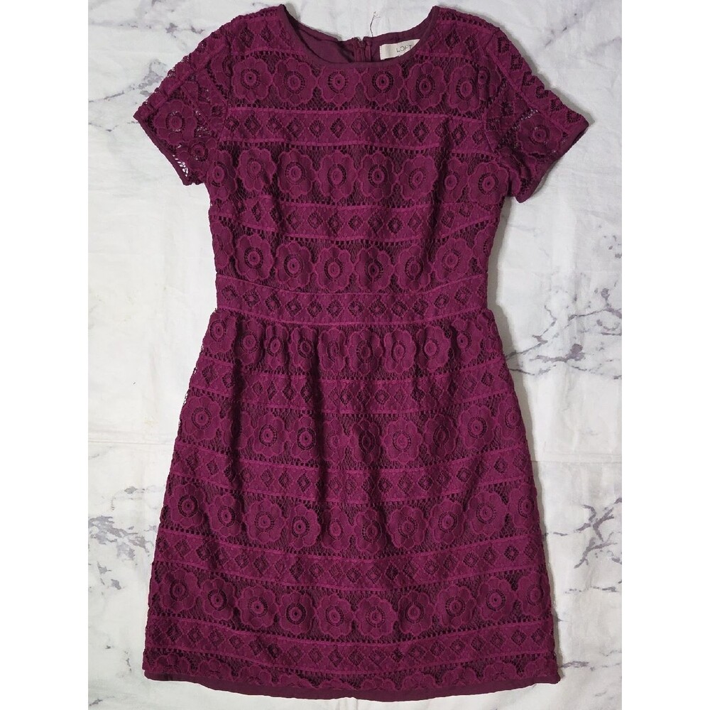 Loft Maroon Floral Lace Short-Sleeve Sheath Dress
